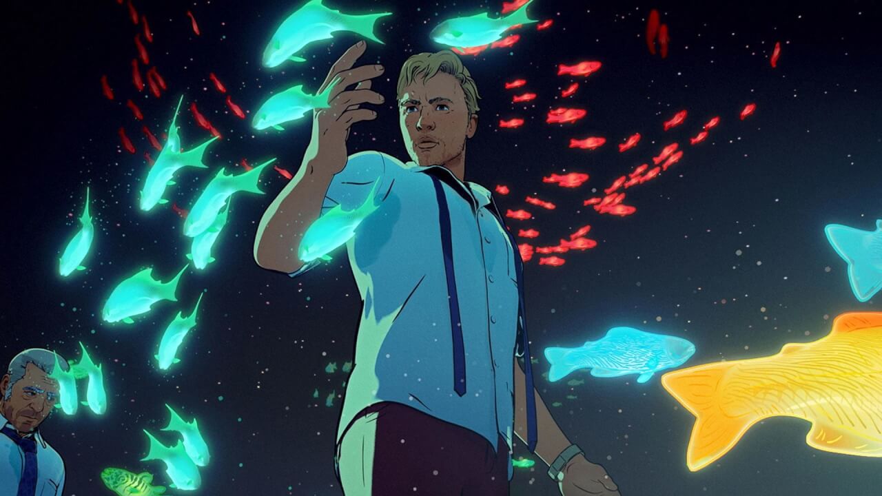 Screen shot from the animated show showing two men and glowing fish