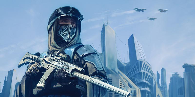 Futuristic soldier with a gun